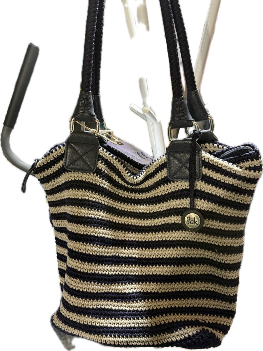 P018-The Sak Black and Cream Striped Crochet Shoulder Tote